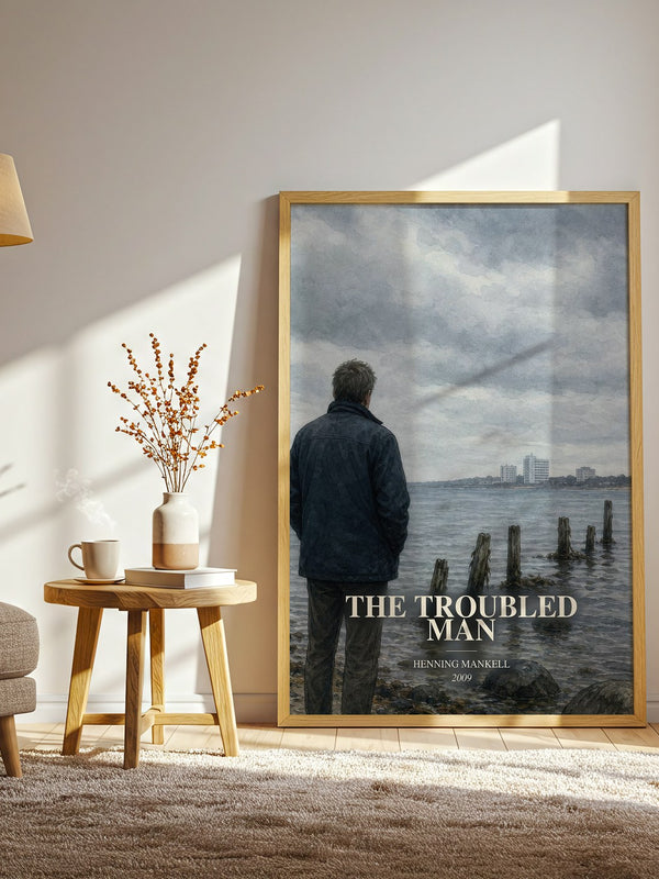 The Troubled Man watercolour print in frame leaning in hallway – crime wall art