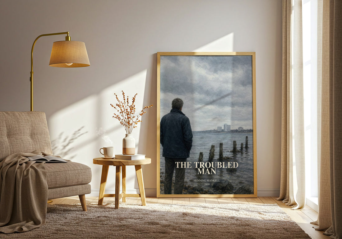 The Troubled Man watercolour print in frame leaning in hallway – crime wall art (mockup)