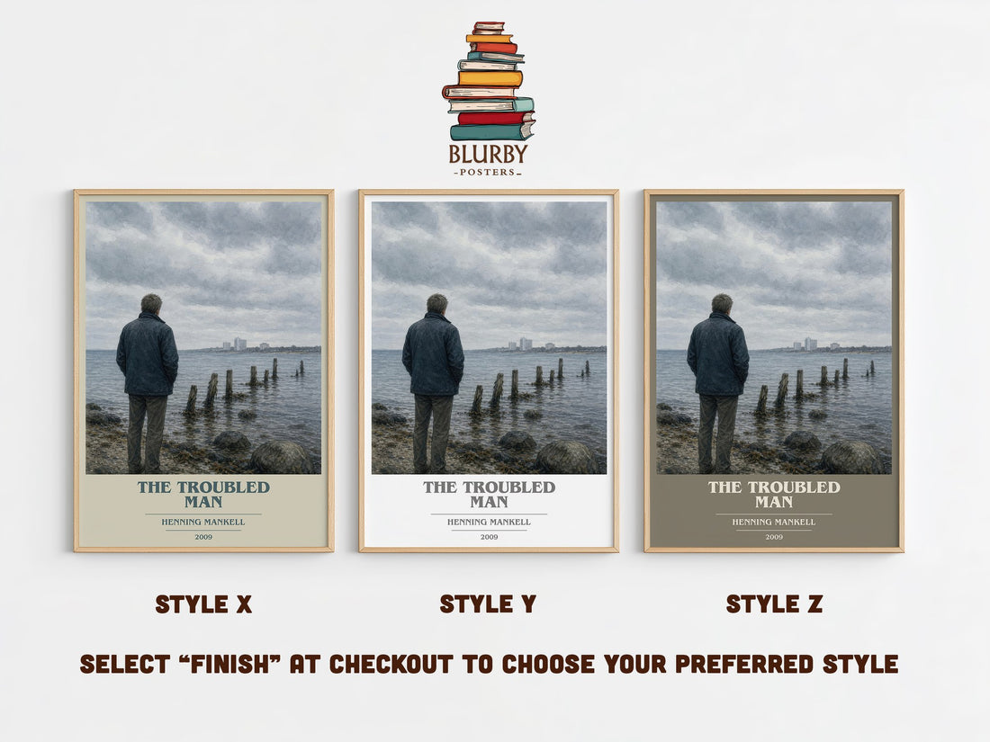 The Troubled Man book cover print in frame leaning in hallway – crime wall art (mockup)