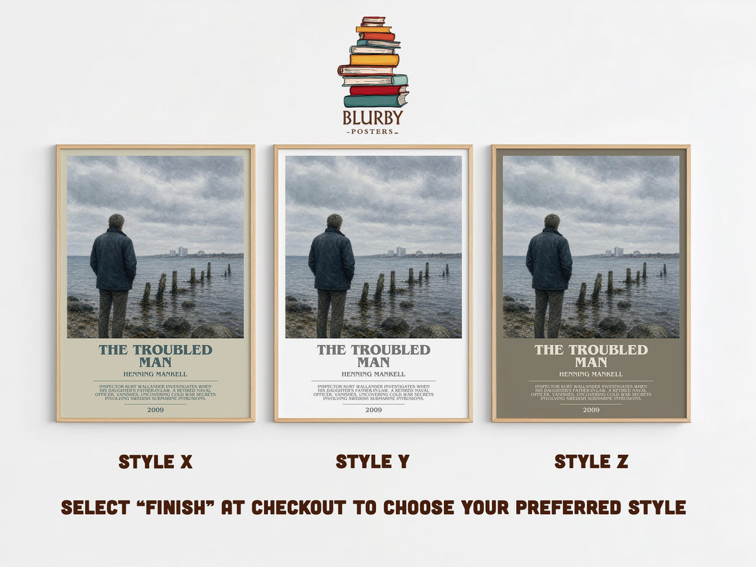 The Troubled Man bookish print in frame leaning in hallway – crime wall art (mockup)
