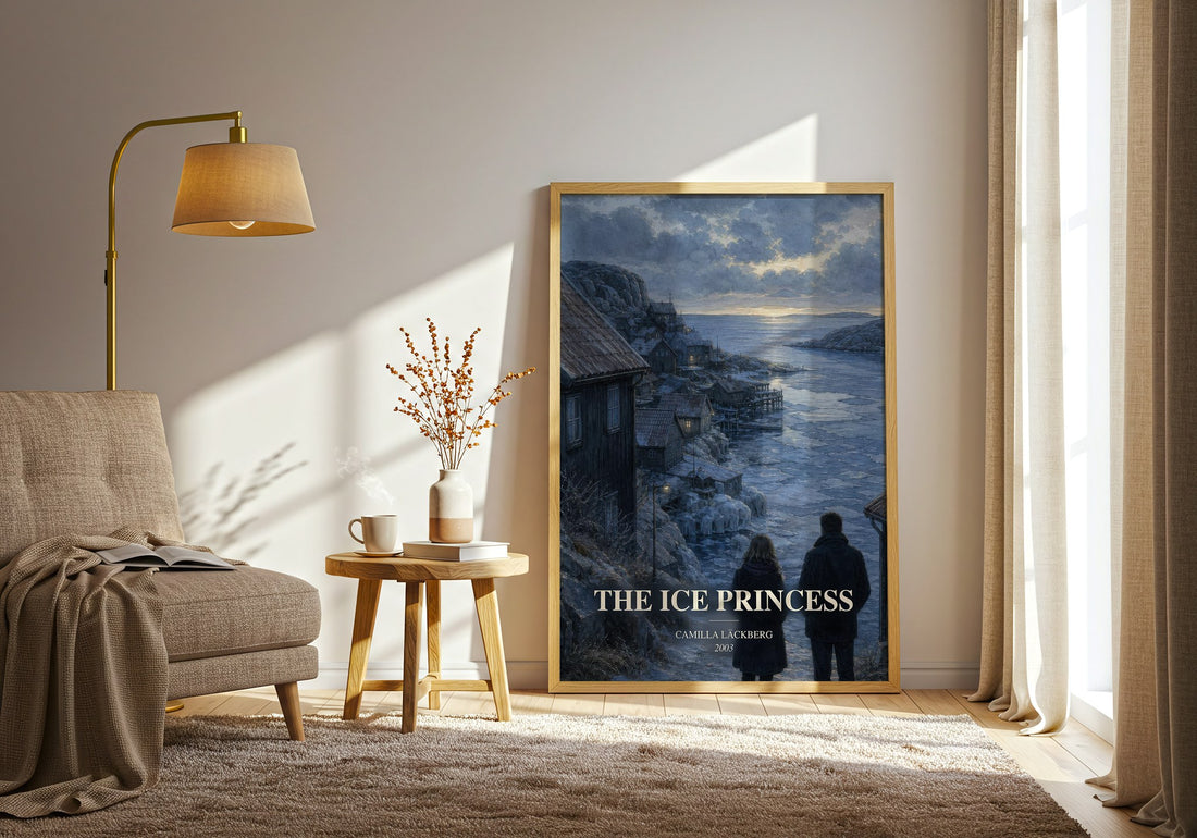 The Ice Princess watercolour print in frame leaning in hallway – crime wall art (mockup)