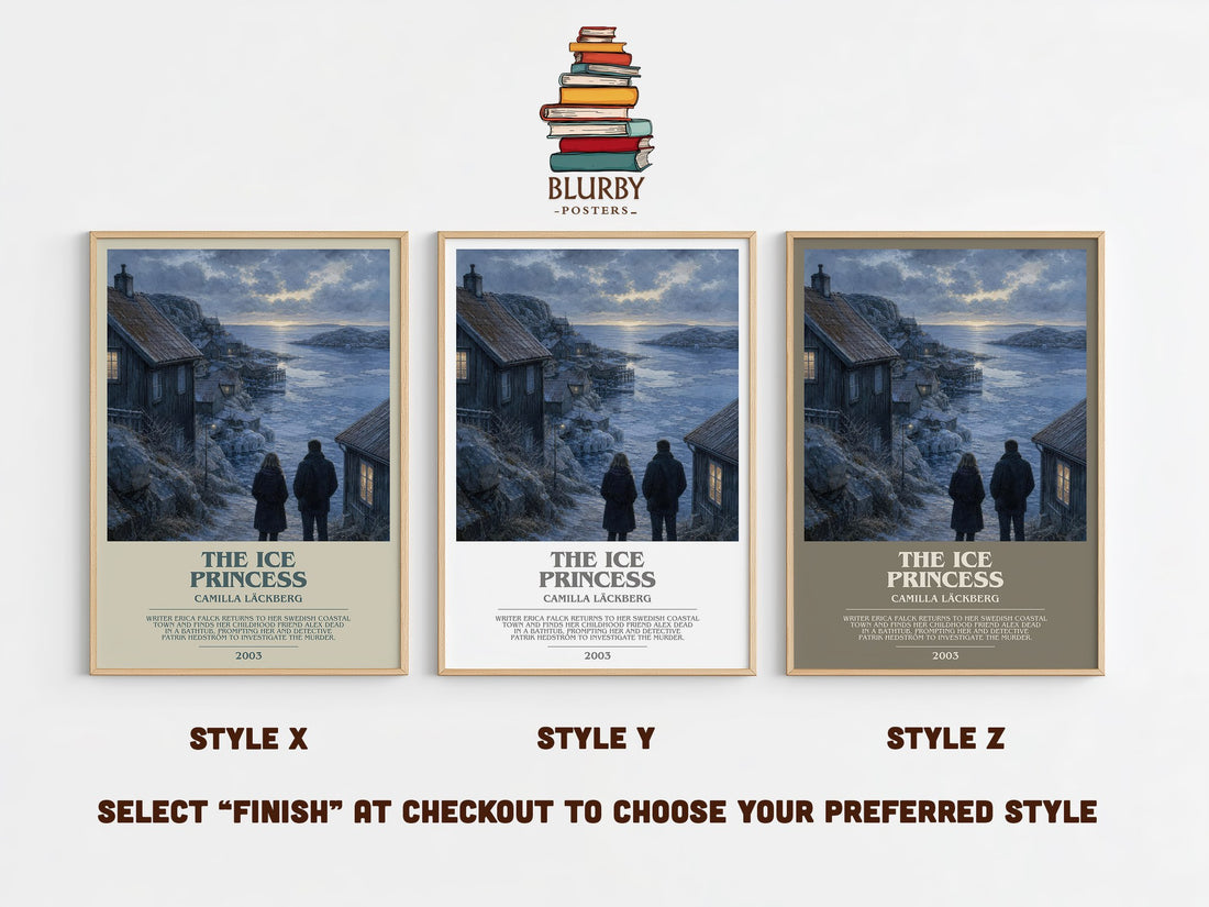 The Ice Princess bookish print in frame leaning in hallway – crime wall art (mockup)