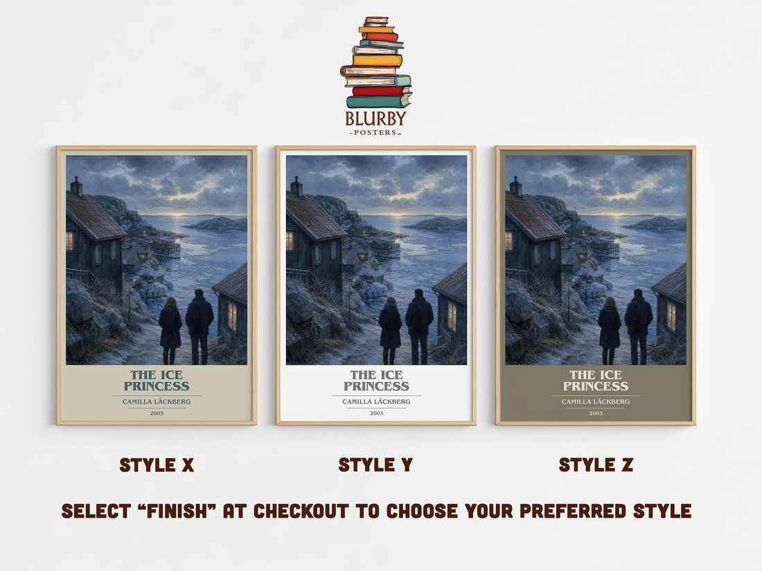 The Ice Princess book cover print in frame leaning in hallway – crime wall art (mockup)