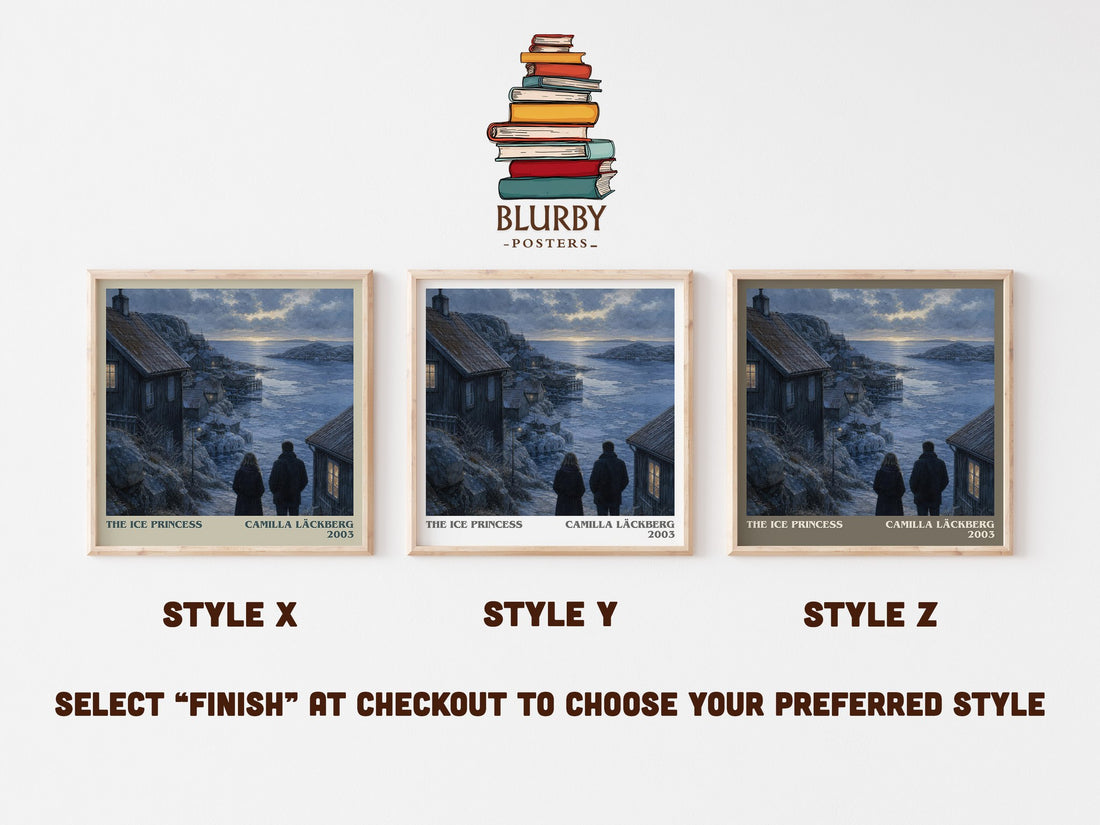 The Ice Princess literary print in frame leaning in hallway – crime wall art (mockup)