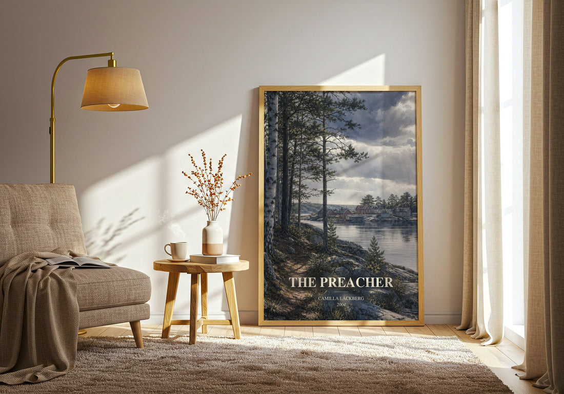 The Preacher watercolour print in frame leaning in hallway – crime wall art (mockup)