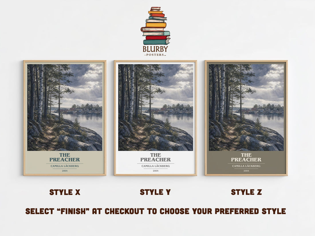 The Preacher book cover print in frame leaning in hallway – crime wall art (mockup)