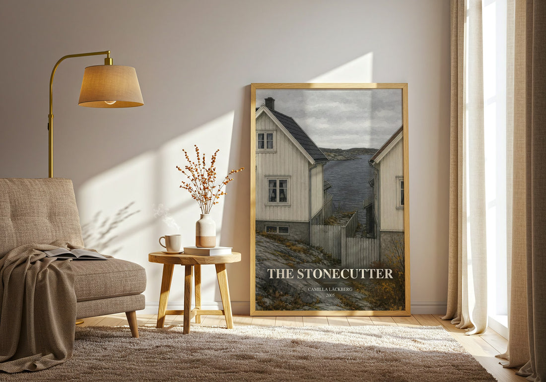 The Stonecutter watercolour print in frame leaning in hallway – crime wall art (mockup)