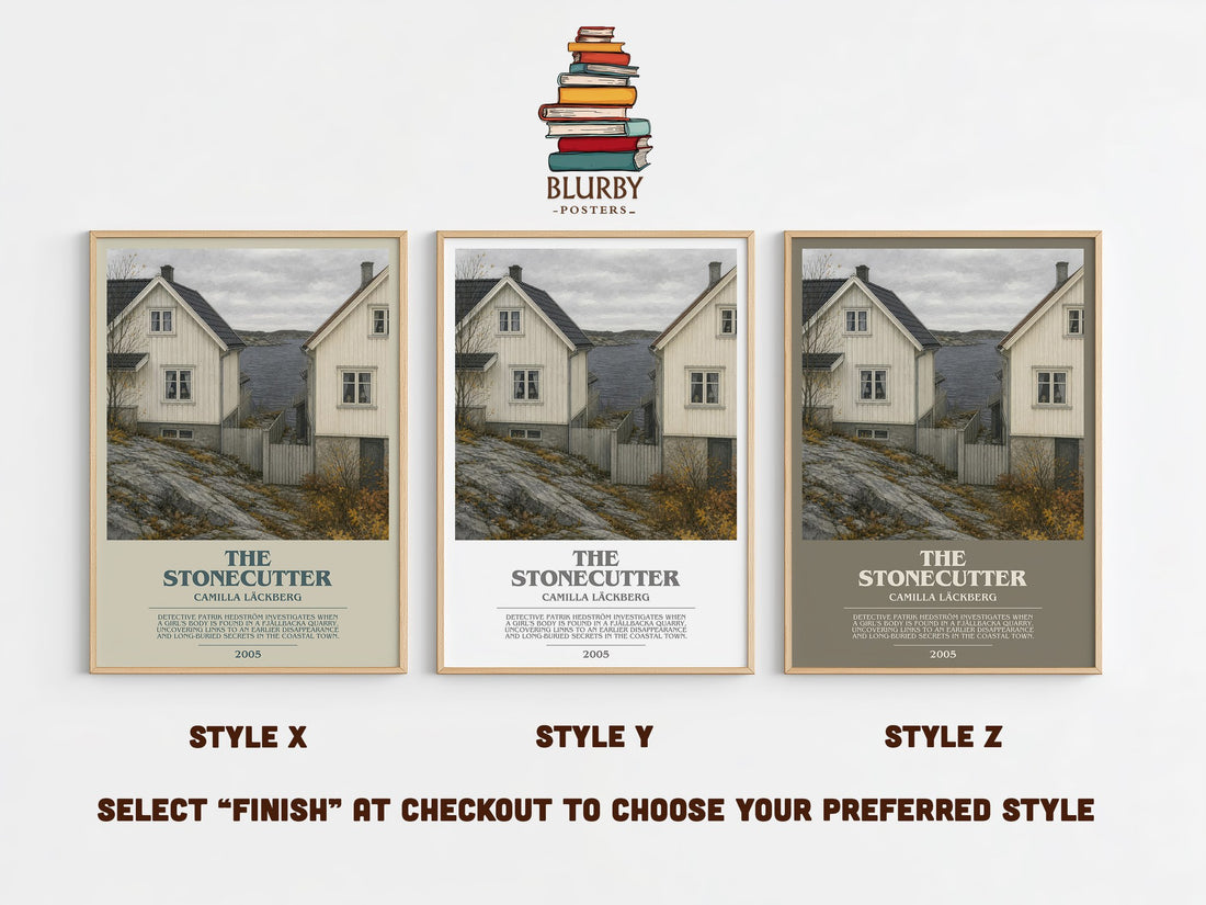 The Stonecutter bookish print in frame leaning in hallway – crime wall art (mockup)