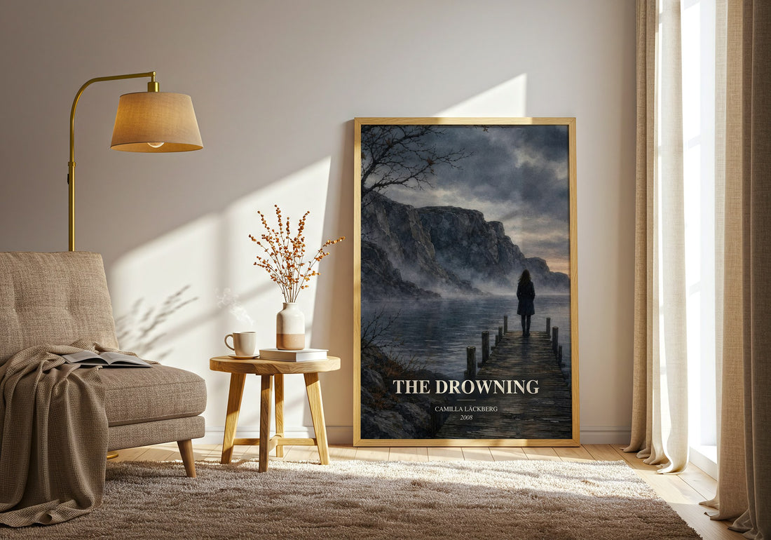 The Drowning watercolour print in frame leaning in hallway – crime wall art (mockup)
