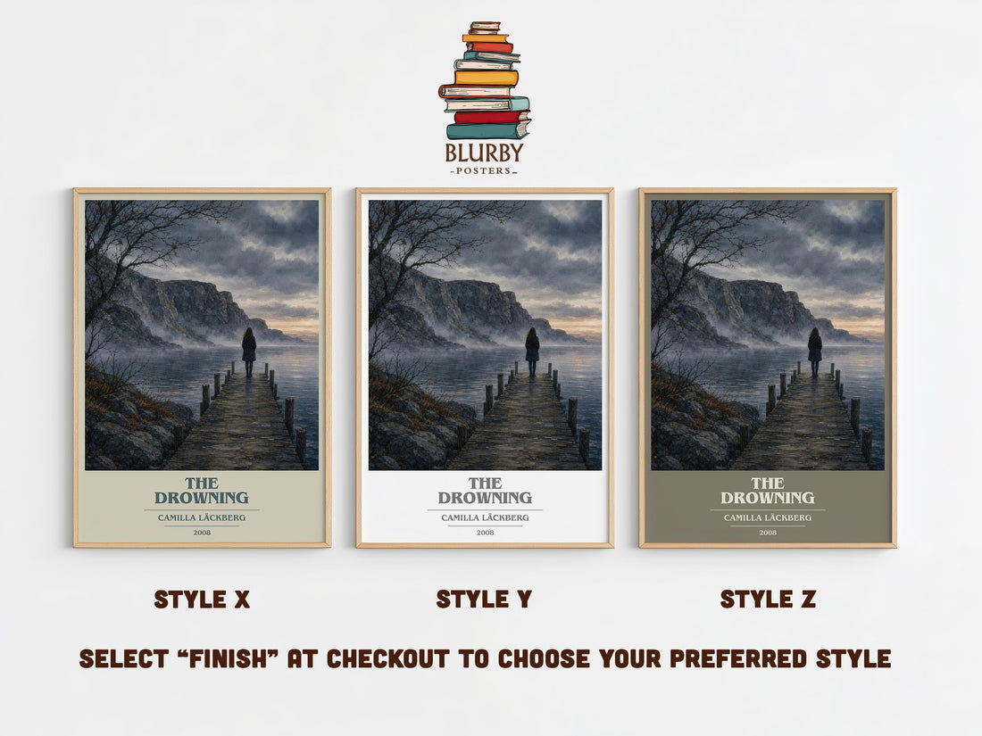 The Drowning book cover print in frame leaning in hallway – crime wall art (mockup)