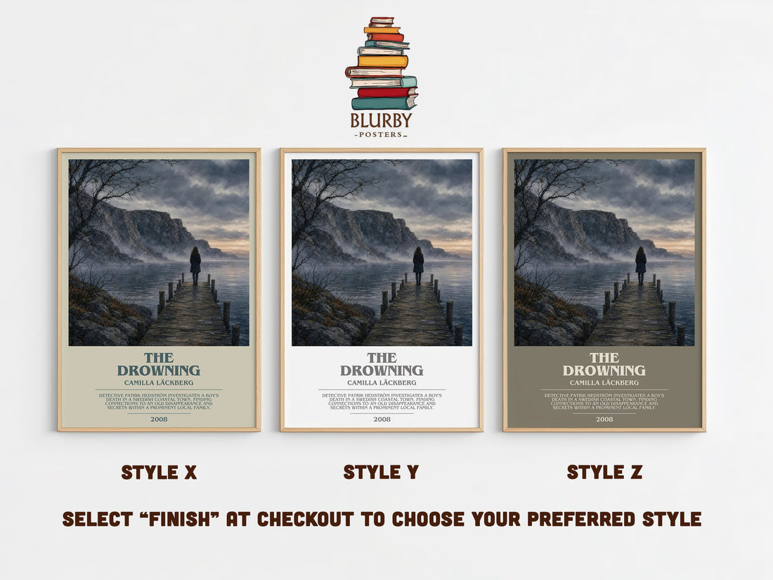The Drowning bookish print in frame leaning in hallway – crime wall art (mockup)
