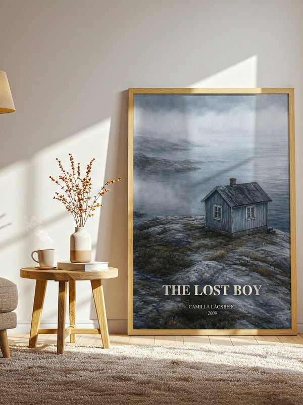 The Lost Boy watercolour print in frame leaning in hallway – crime wall art