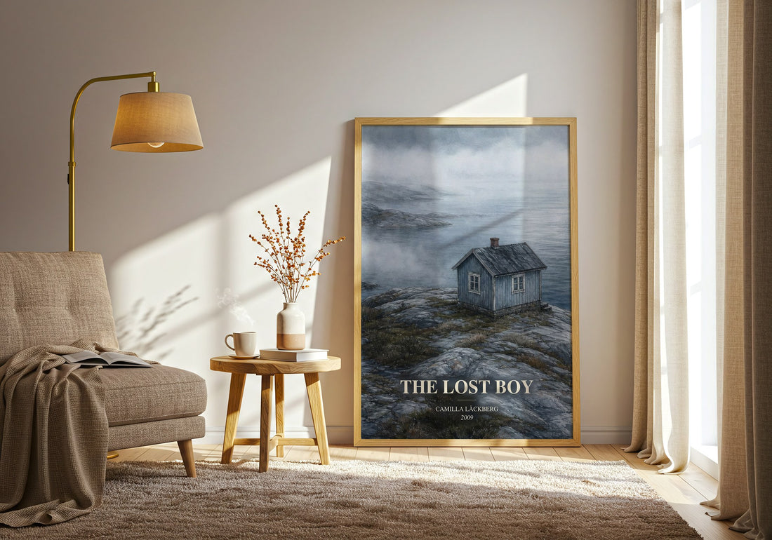 The Lost Boy watercolour print in frame leaning in hallway – crime wall art (mockup)