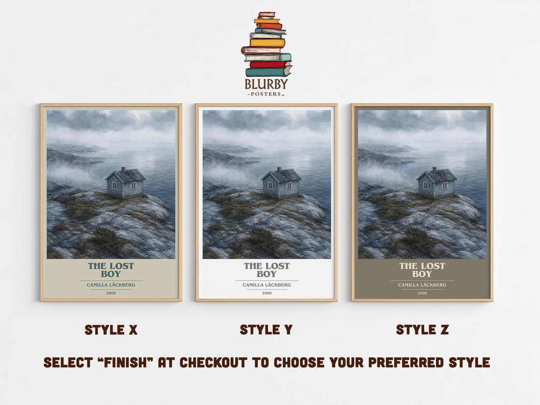 The Lost Boy book cover print in frame leaning in hallway – crime wall art (mockup)