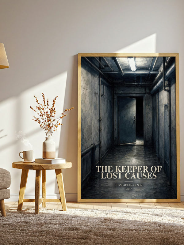 The Keeper of Lost Causes watercolour print in frame leaning in hallway – crime wall art