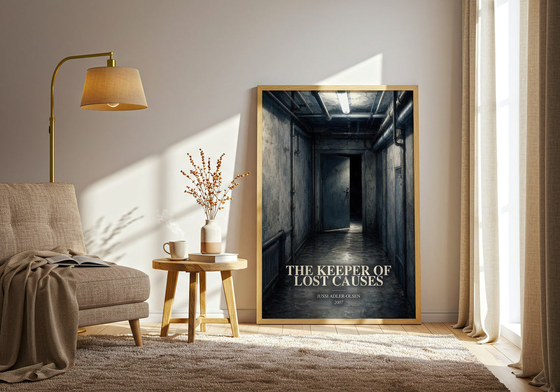 The Keeper of Lost Causes watercolour print in frame leaning in hallway – crime wall art (mockup)