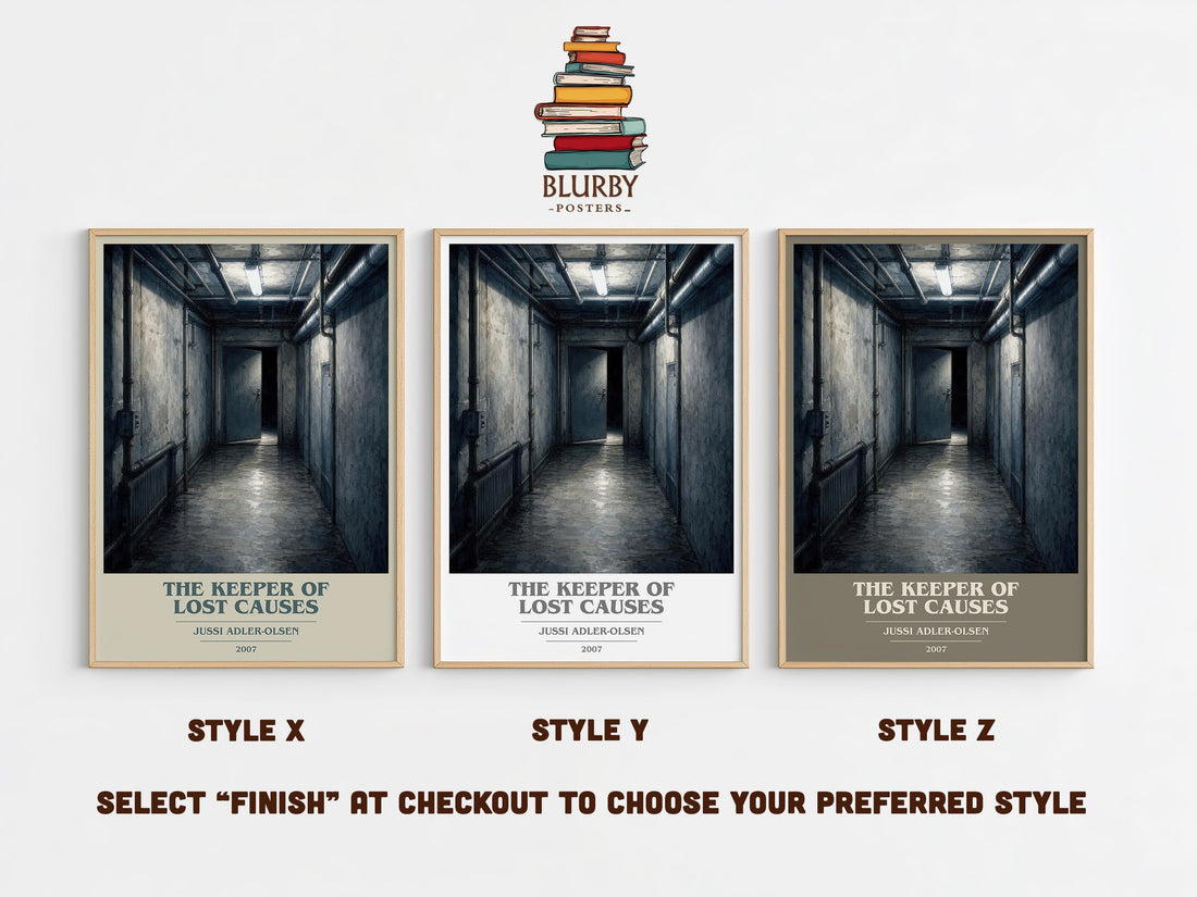 The Keeper of Lost Causes book cover print in frame leaning in hallway – crime wall art (mockup)