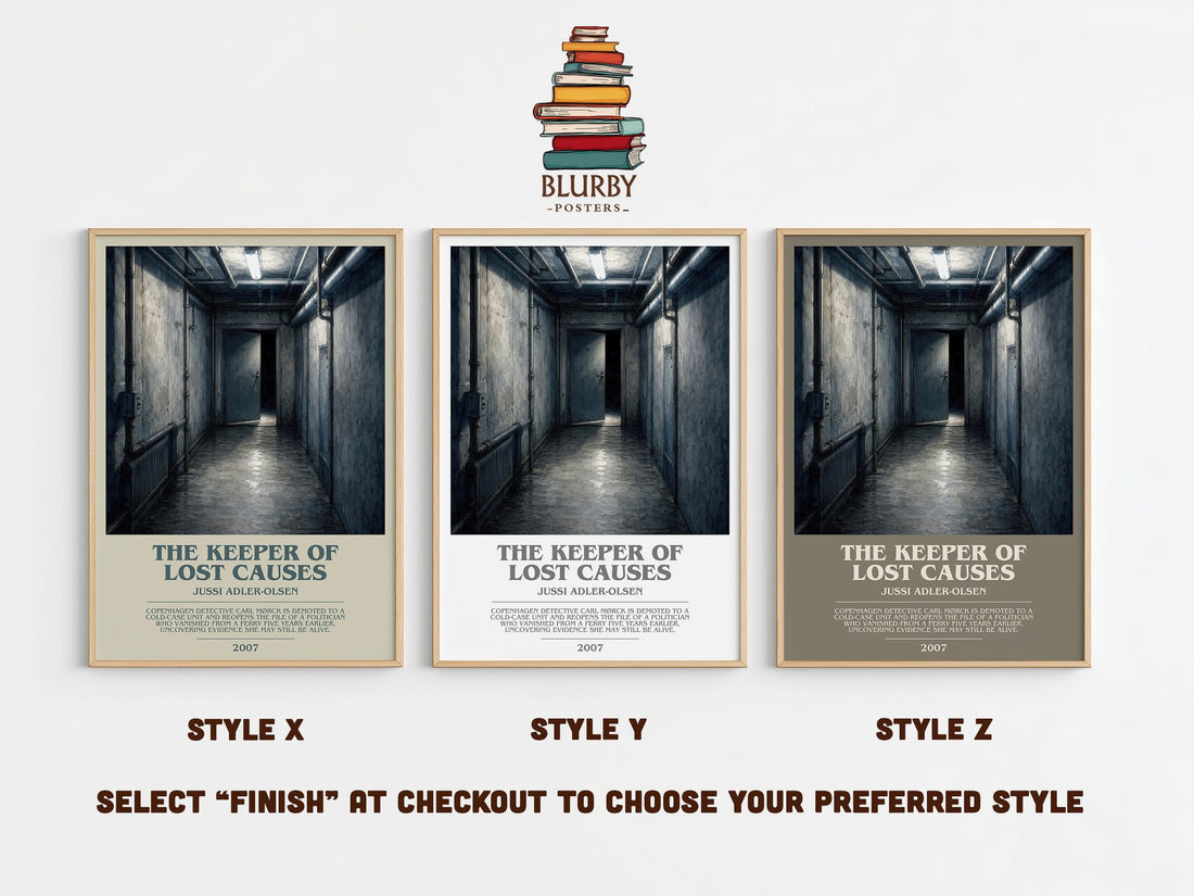 The Keeper of Lost Causes bookish print in frame leaning in hallway – crime wall art (mockup)