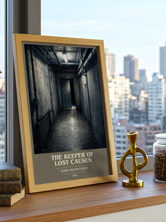 The Keeper of Lost Causes book cover print framed by window – literary home decor