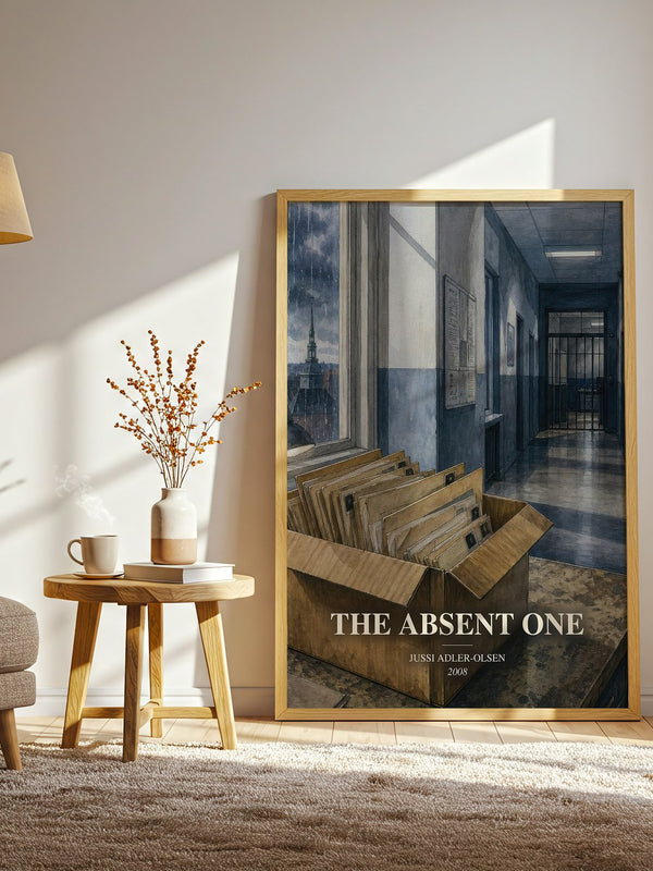 The Absent One watercolour print in frame leaning in hallway – crime wall art