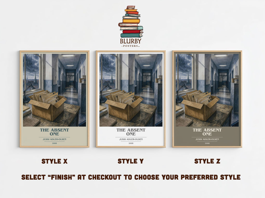 The Absent One book cover print in frame leaning in hallway – crime wall art (mockup)