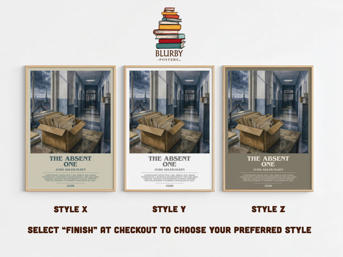 The Absent One bookish print in frame leaning in hallway – crime wall art (mockup)