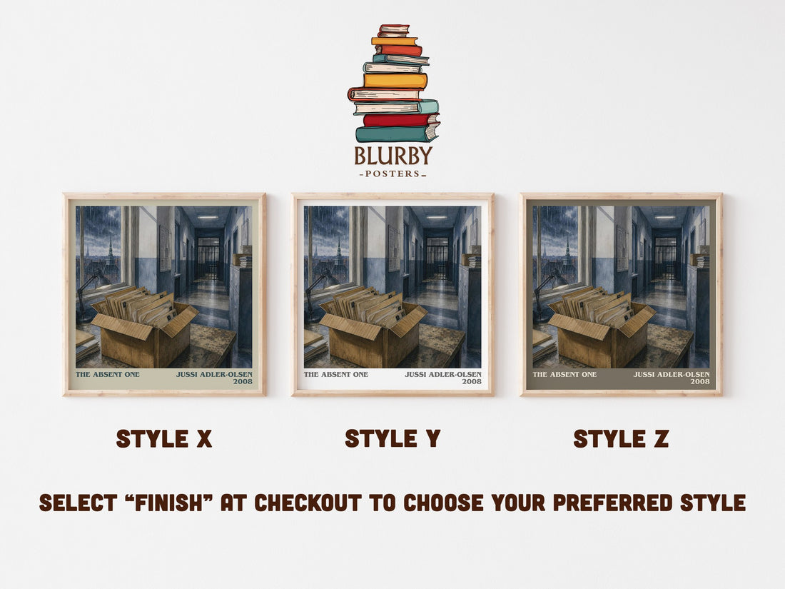 The Absent One literary print in frame leaning in hallway – crime wall art (mockup)