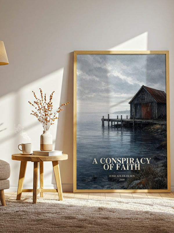 A Conspiracy of Faith watercolour print in frame leaning in hallway – crime wall art