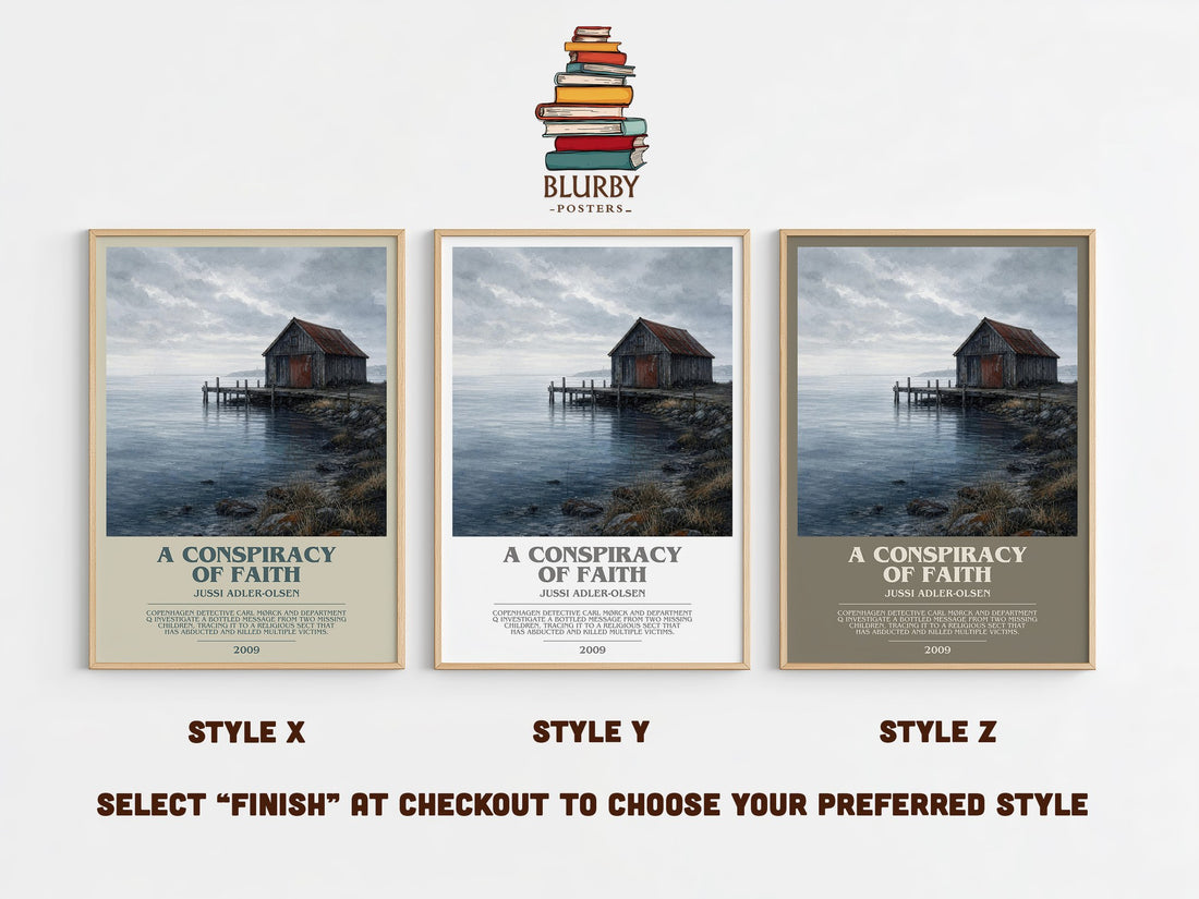 A Conspiracy of Faith bookish print in frame leaning in hallway – crime wall art (mockup)