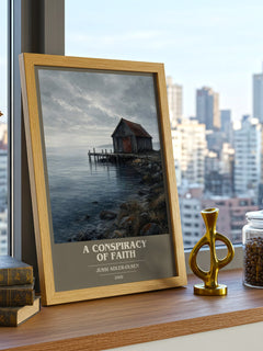 A Conspiracy of Faith book cover print framed by window – literary home decor