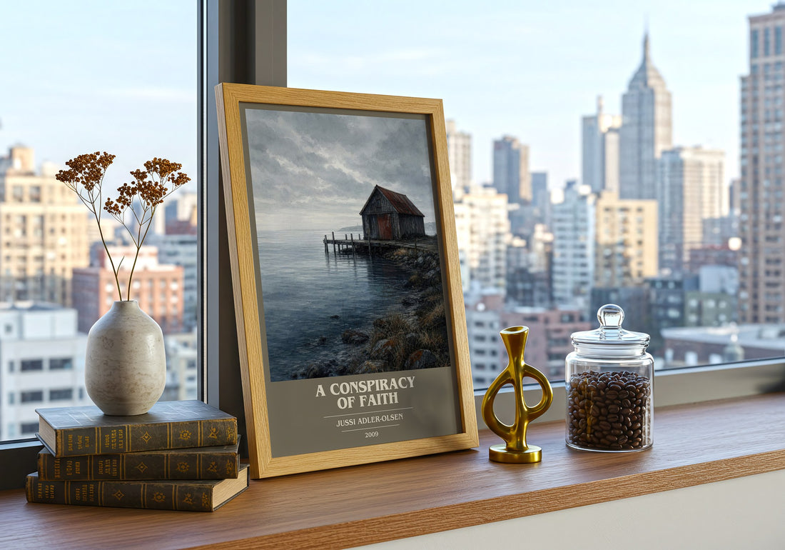 A Conspiracy of Faith book cover print framed by window – literary home decor