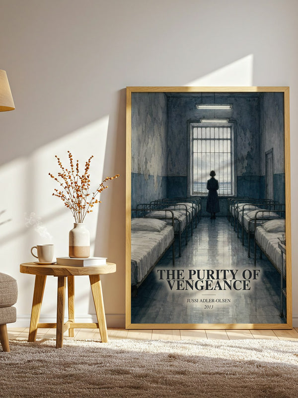 The Purity of Vengeance watercolour print in frame leaning in hallway – crime wall art