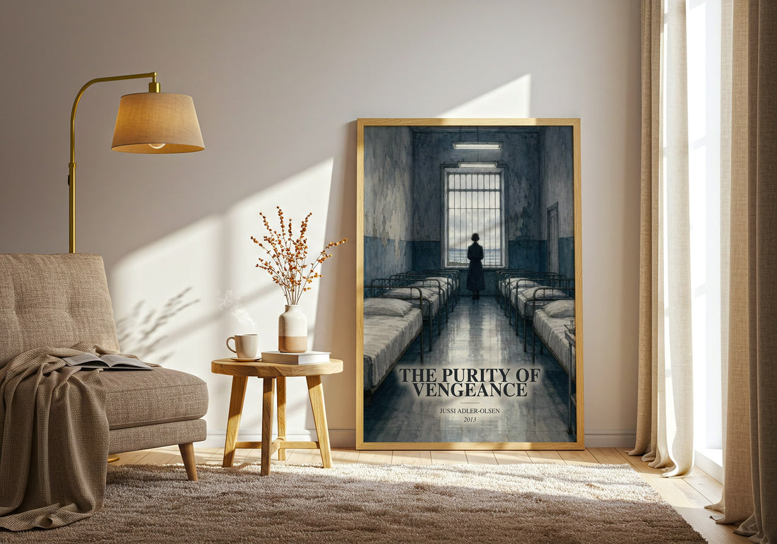 The Purity of Vengeance watercolour print in frame leaning in hallway – crime wall art (mockup)