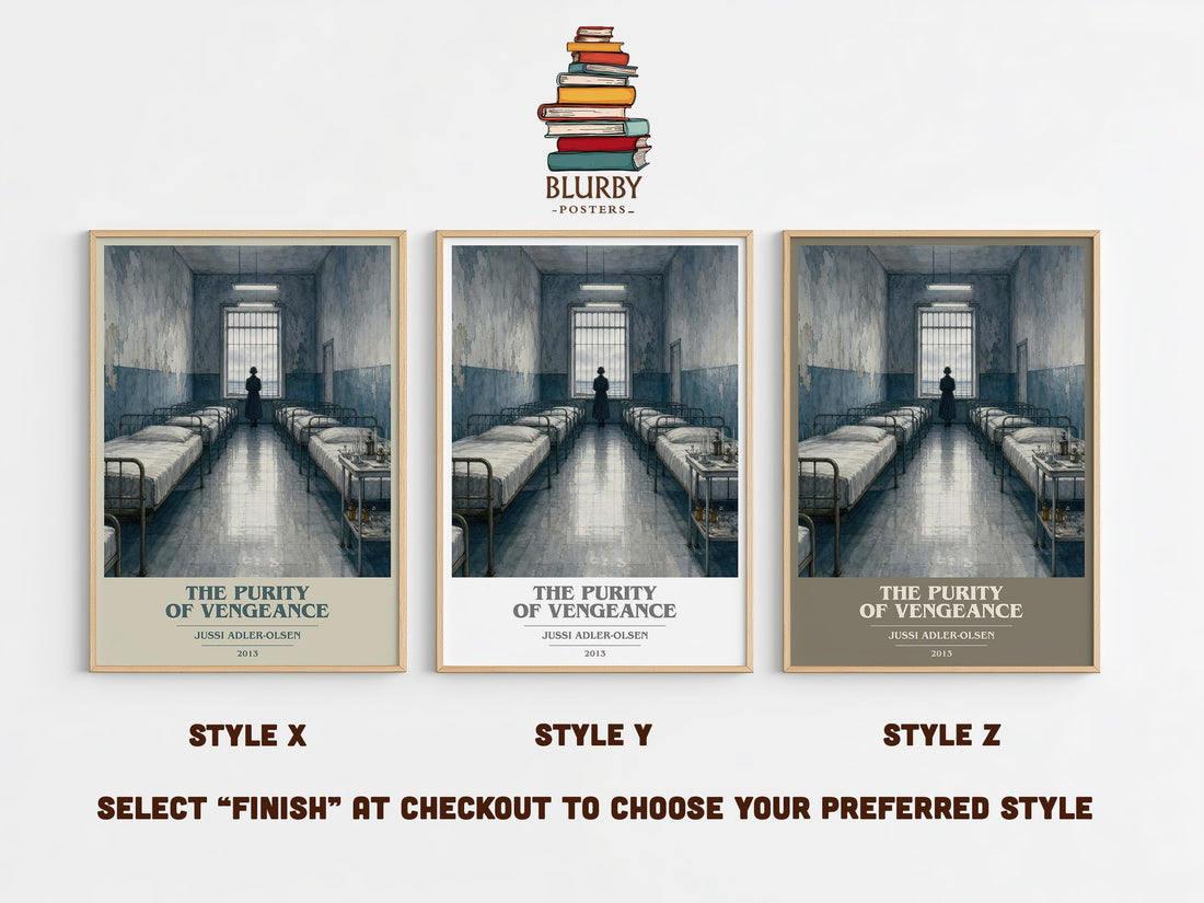 The Purity of Vengeance book cover print in frame leaning in hallway – crime wall art (mockup)