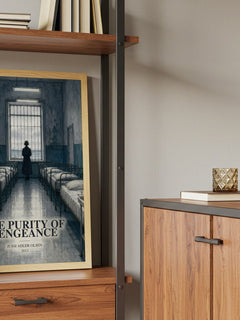 Purity of Vengeance Book Watercolour Illustration by Jussi Adler-Olsen – framed print on a shelf by a wooden cabinet