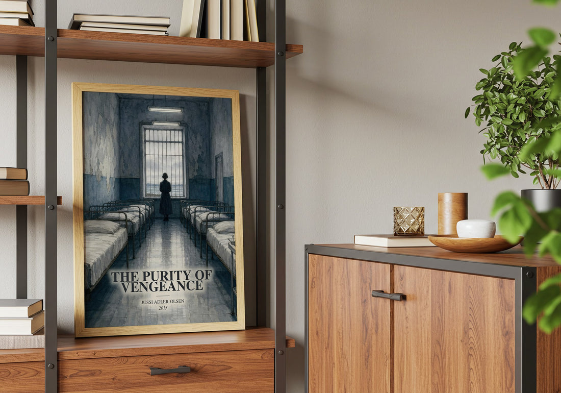 Purity of Vengeance Book Watercolour Illustration by Jussi Adler-Olsen – framed print on a shelf by a wooden cabinet