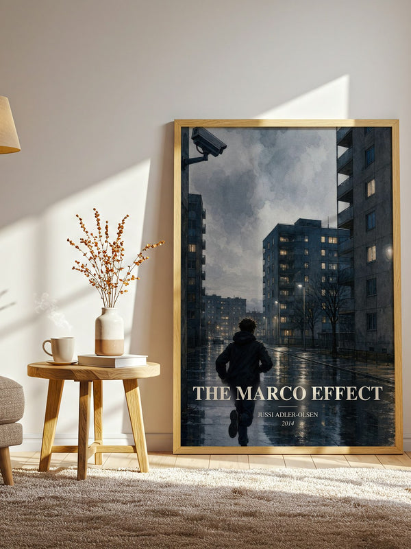 The Marco Effect watercolour print in frame leaning in hallway – crime wall art