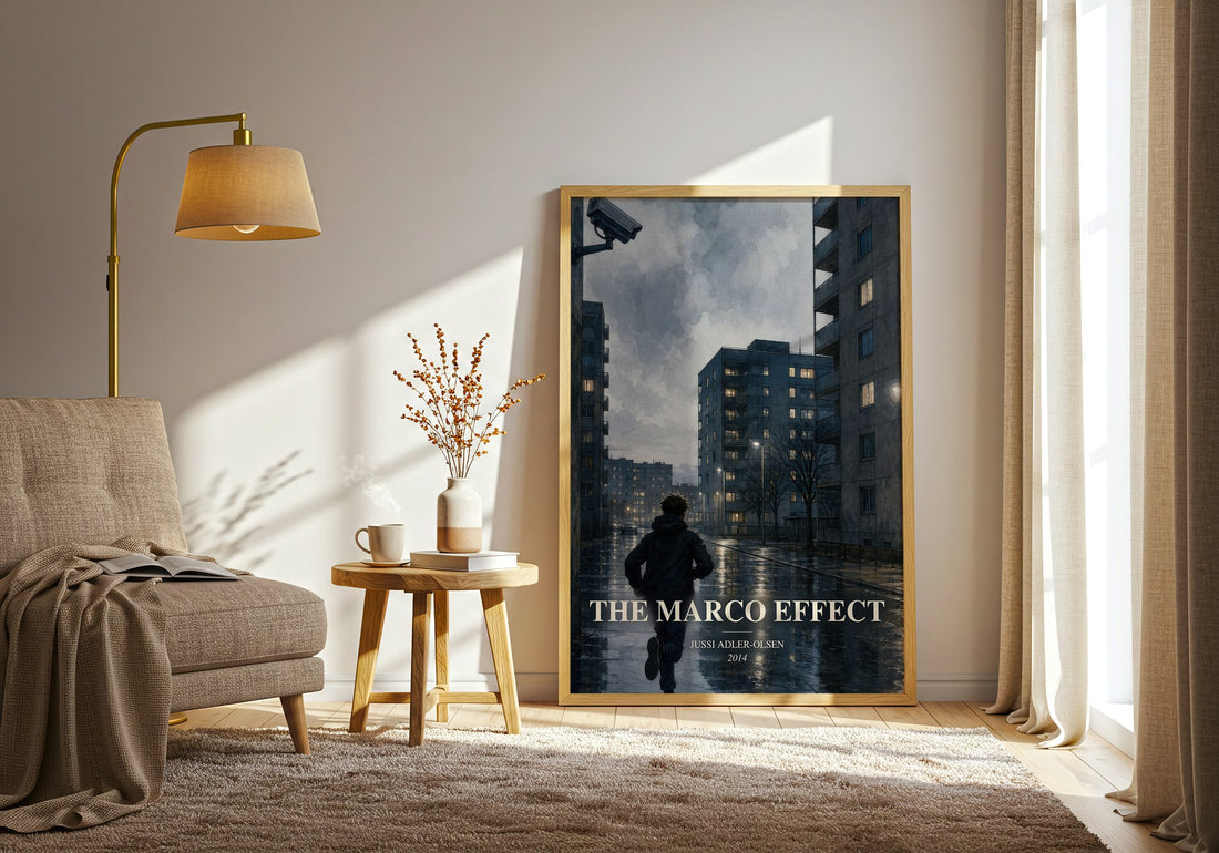The Marco Effect watercolour print in frame leaning in hallway – crime wall art (mockup)
