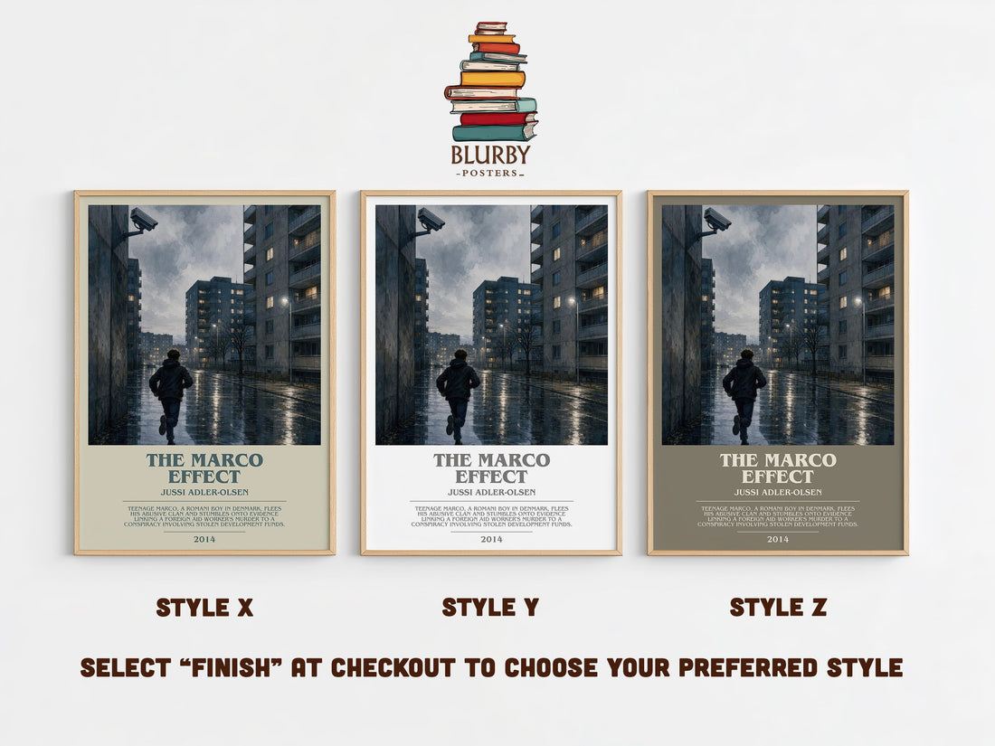 The Marco Effect bookish print in frame leaning in hallway – crime wall art (mockup)