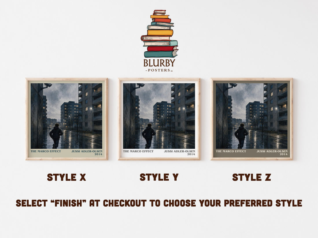 The Marco Effect literary print in frame leaning in hallway – crime wall art (mockup)