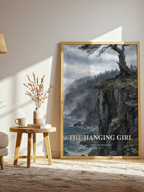 The Hanging Girl watercolour print in frame leaning in hallway – crime wall art