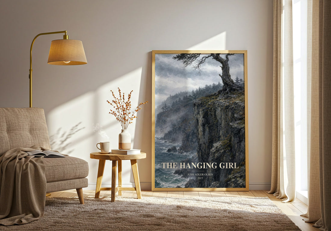 The Hanging Girl watercolour print in frame leaning in hallway – crime wall art (mockup)