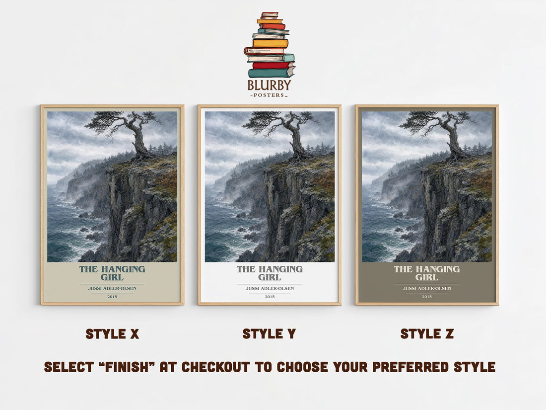 The Hanging Girl book cover print in frame leaning in hallway – crime wall art (mockup)