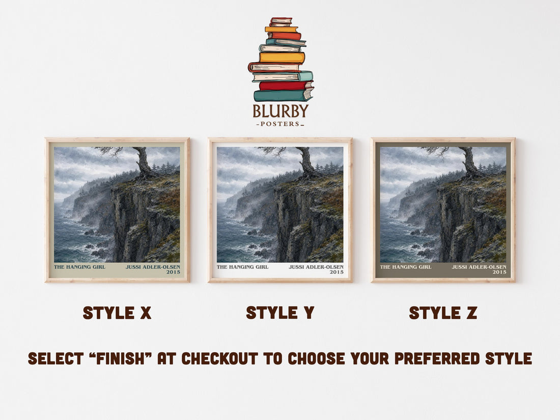 The Hanging Girl literary print in frame leaning in hallway – crime wall art (mockup)