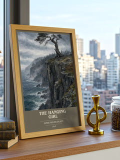 The Hanging Girl book cover print framed by window – literary home decor