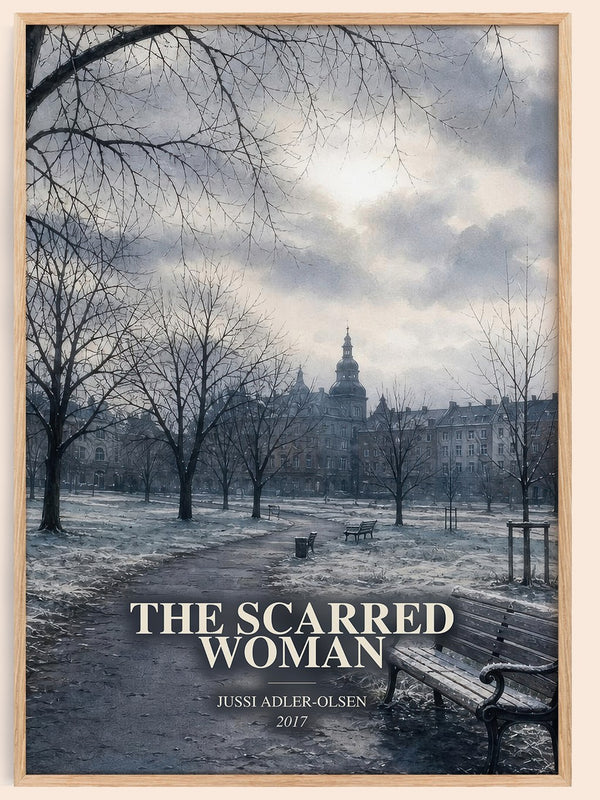 The Scarred Woman watercolour book poster by Jussi Adler-Olsen – framed literary art print