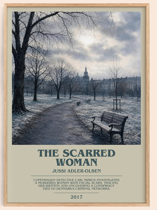 The Scarred Woman bookish book poster by Jussi Adler-Olsen – framed literary art print