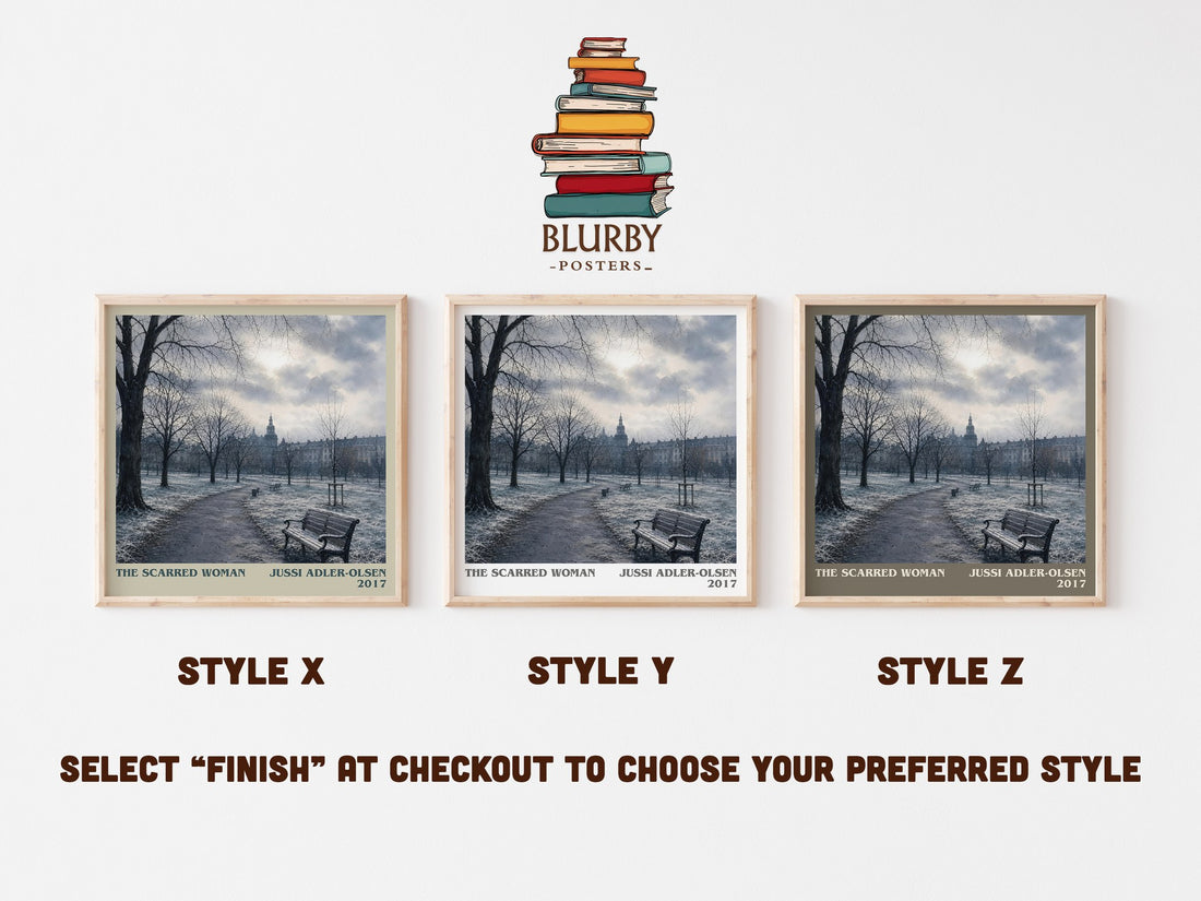 The Scarred Woman literary print in frame leaning in hallway – crime wall art (mockup)