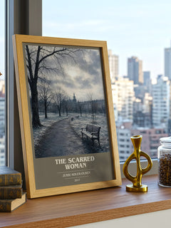 The Scarred Woman book cover print framed by window – literary home decor