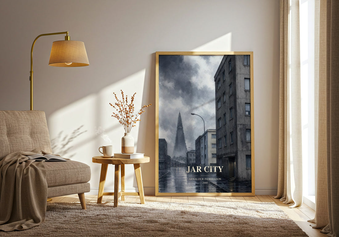 Jar City watercolour print in frame leaning in hallway – crime wall art (mockup)